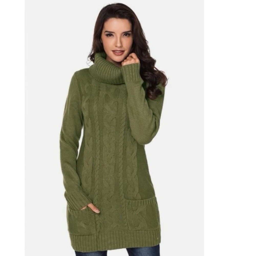 Venus Olive Green Chunky Cable Knit Sweater Dress Cowl Neck